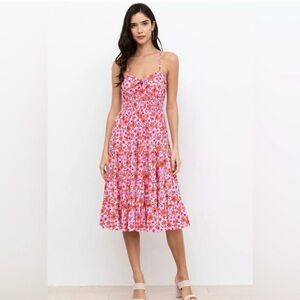 Yumi Kim Ingrid Floral Smocked Tiered Midi Dress Pink Cotton Stretch Large